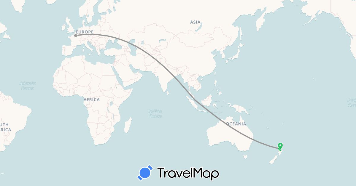 TravelMap itinerary: driving, bus, plane in France, New Zealand (Europe, Oceania)